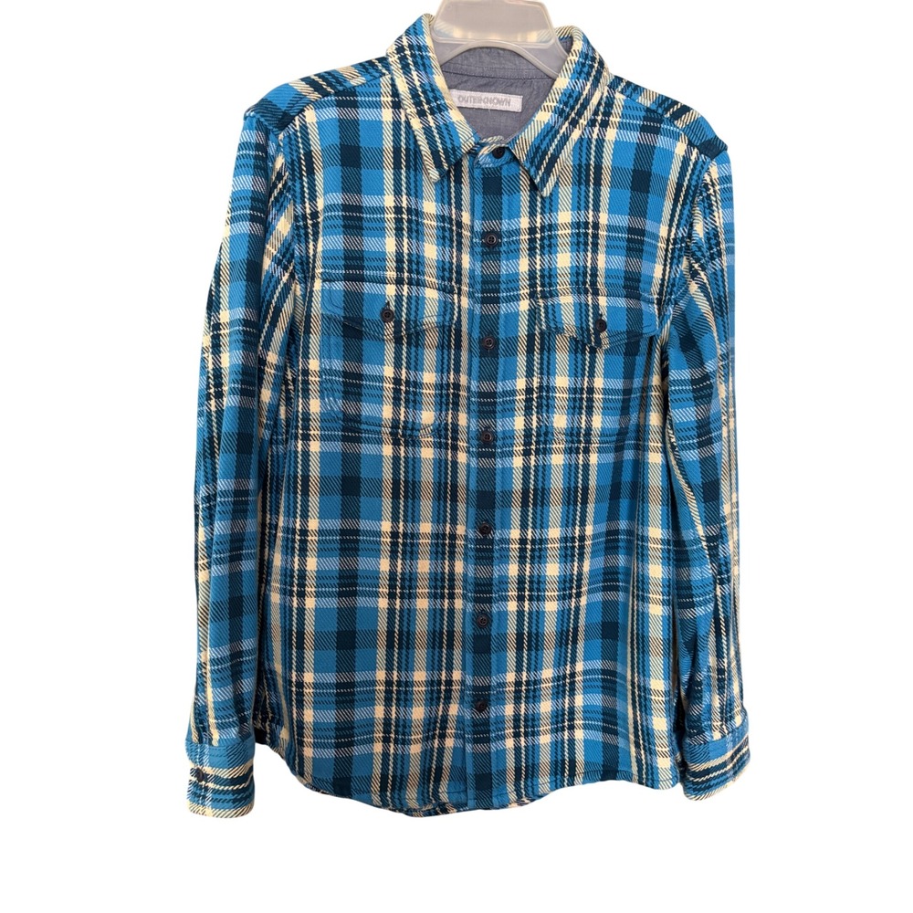 Outerknown Blanket Shirt Mens Small Blue Cream Plaid Organic Cotton Heavyweight